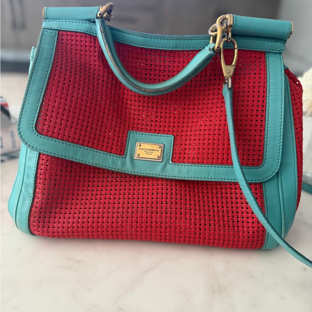 Dolce & Gabbana Red and Turquoise Woven Satchel